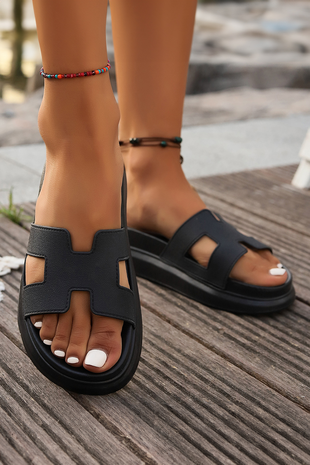 Black Cutout Design Open Toe Platform Slippers (Run Small, Size Up) - Image 3