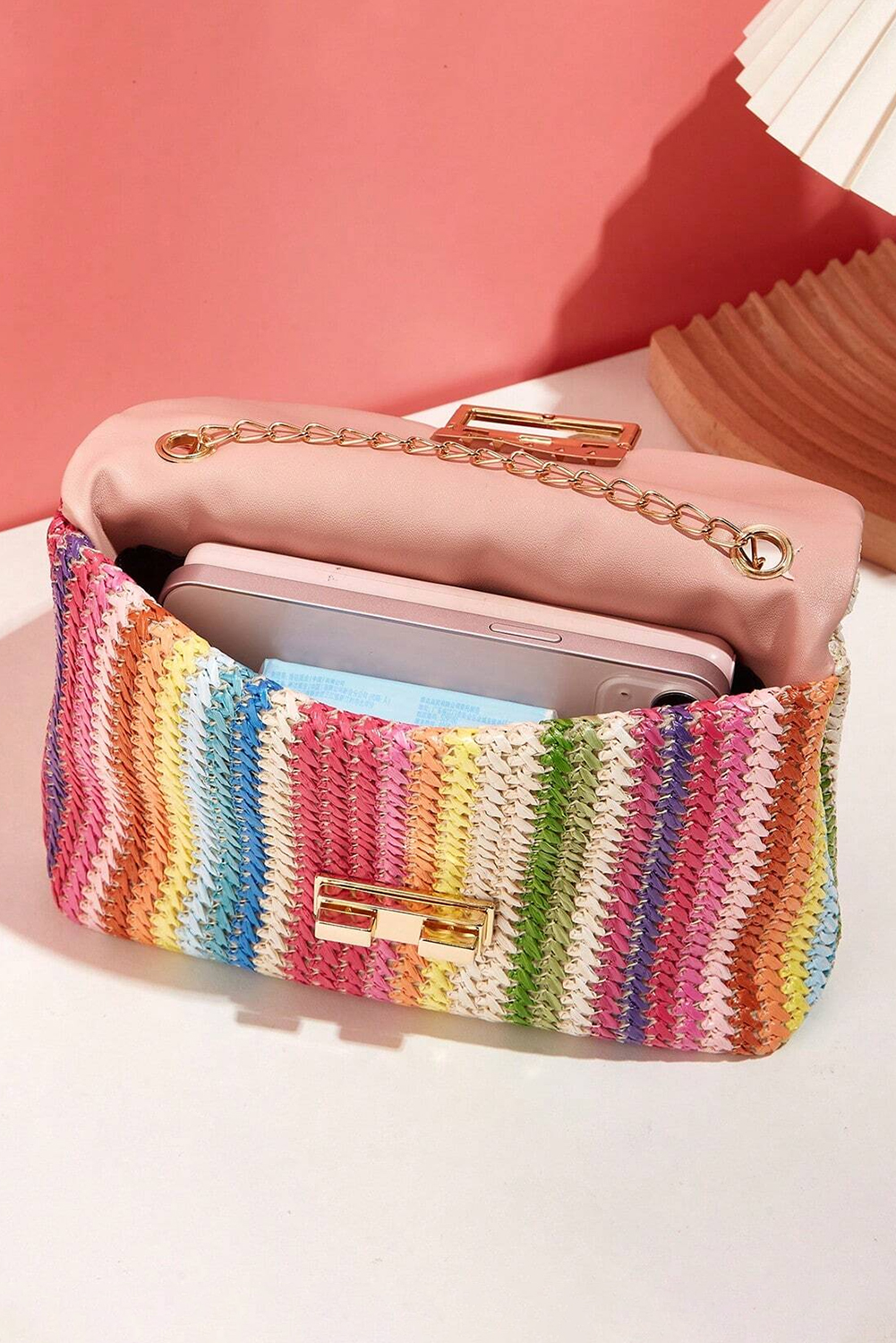 Multicolour Bohemian Woven Gold Chain Shoulder Bag - Image 3