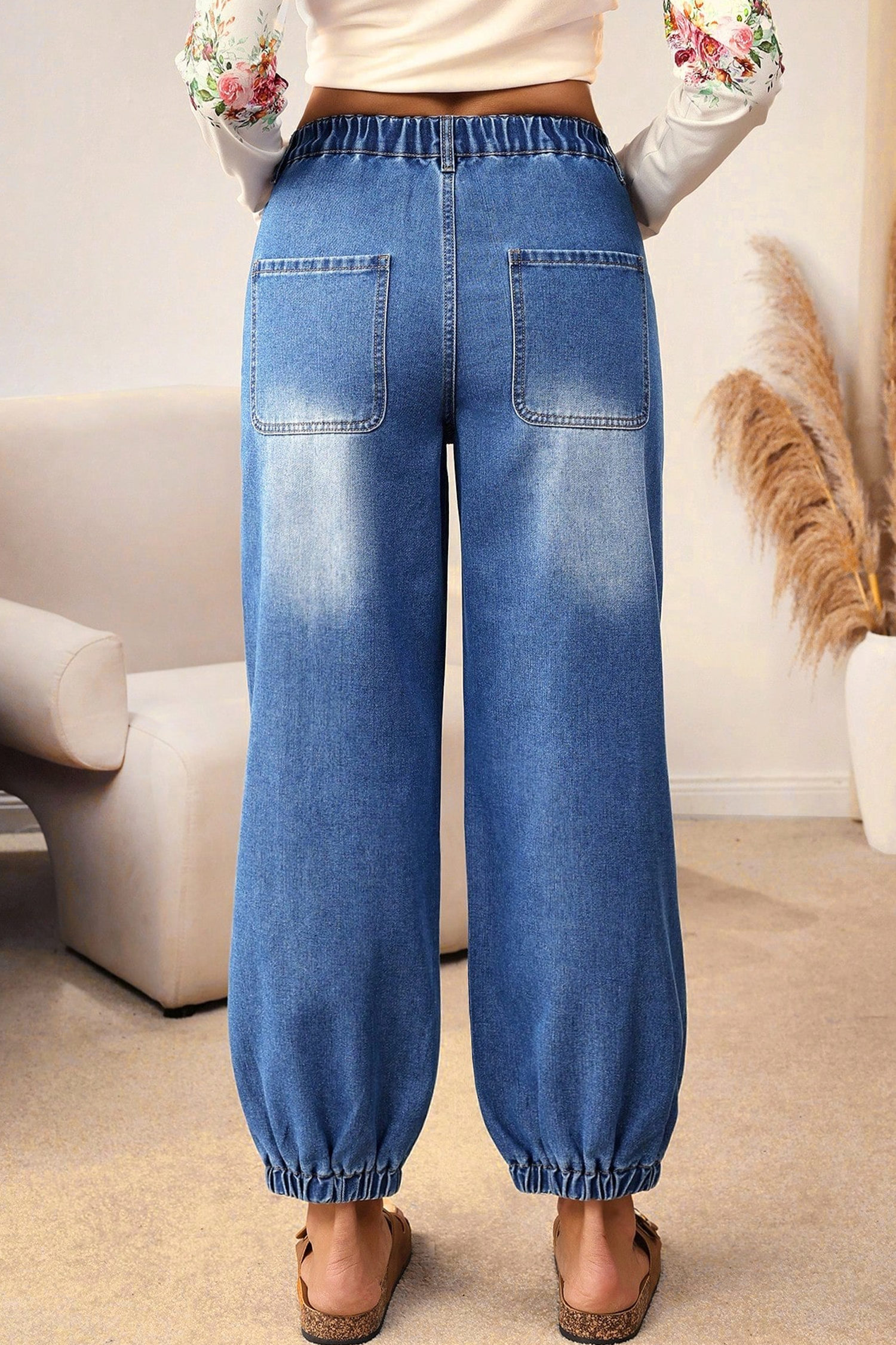 Blue 4 Buttons Front Tapered Casual Loose Fit Jeans - Image 8