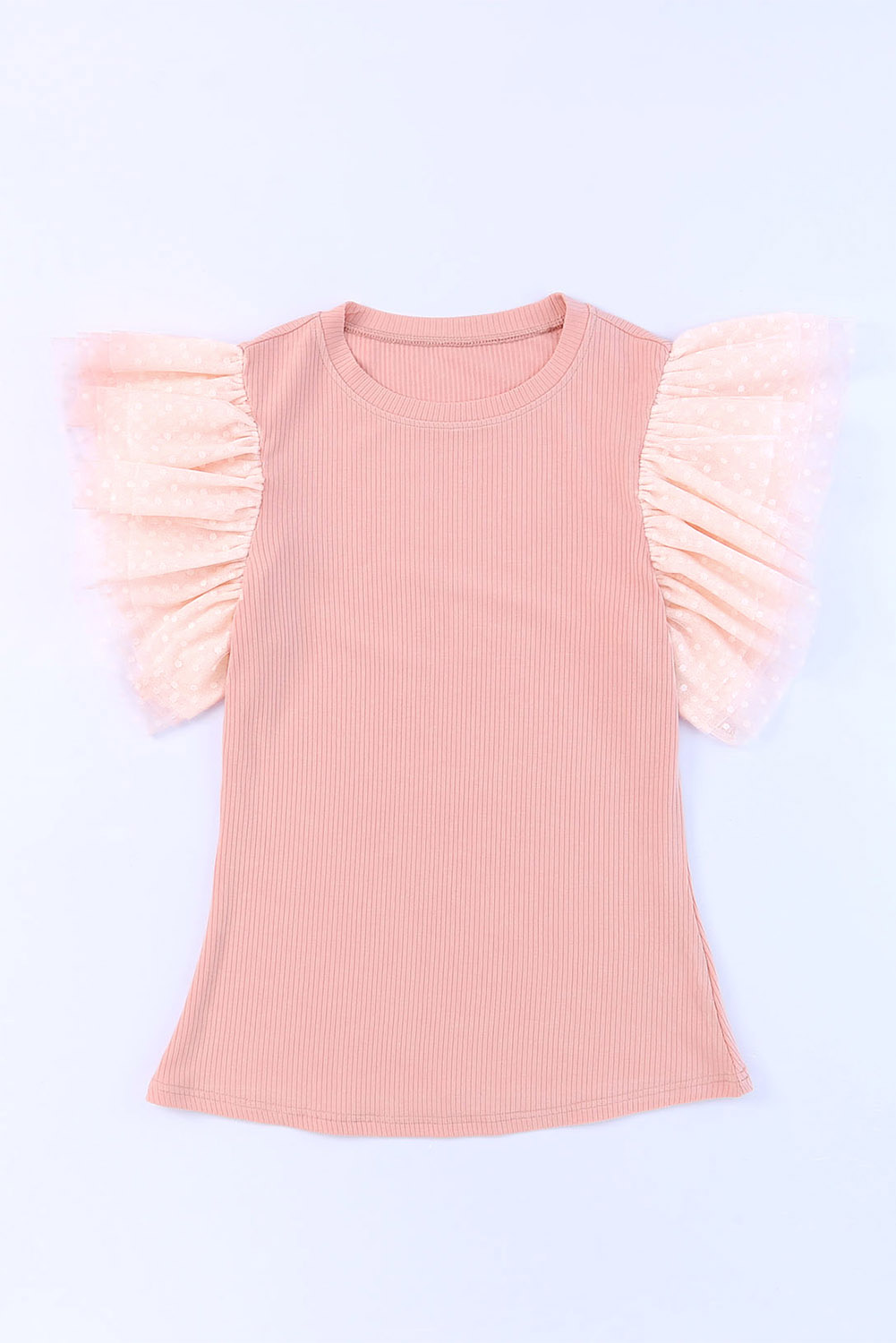 Pink Dotty Mesh Ruffle Sleeve Ribbed Knit Top - Image 6