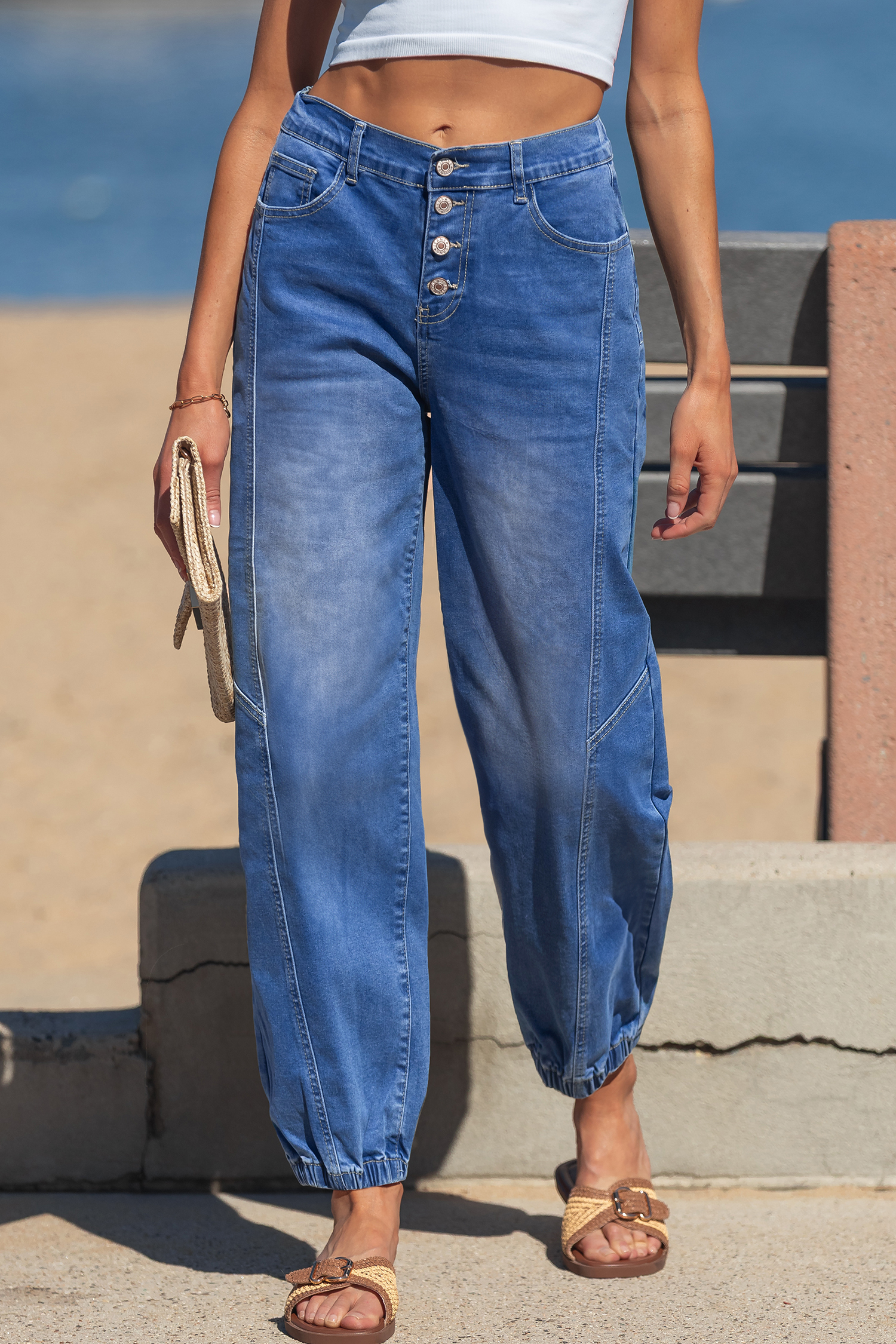 Blue 4 Buttons Front Tapered Casual Loose Fit Jeans - Image 4