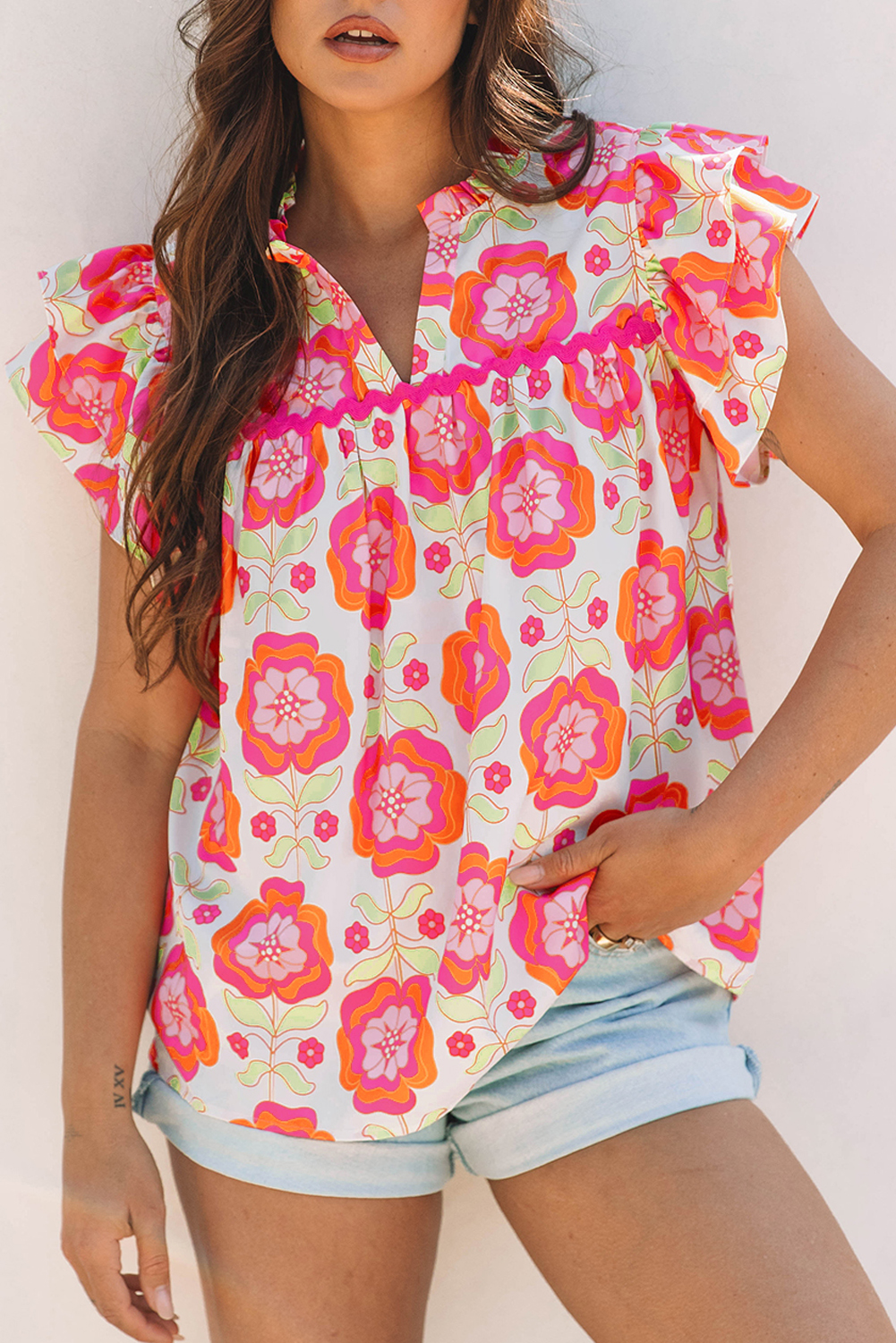 Rose Floral Ruffled Sleeve Ric-rac Trim Split Neck Loose Blouse - Image 7
