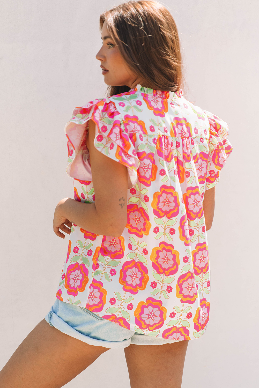 Rose Floral Ruffled Sleeve Ric-rac Trim Split Neck Loose Blouse - Image 2