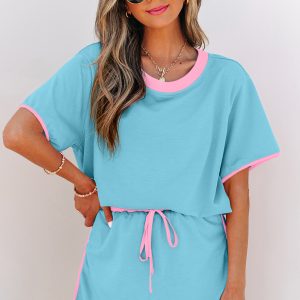 Turquoise Colorblock Edge Drop Shoulder T Shirt and Skort 2Pcs Set