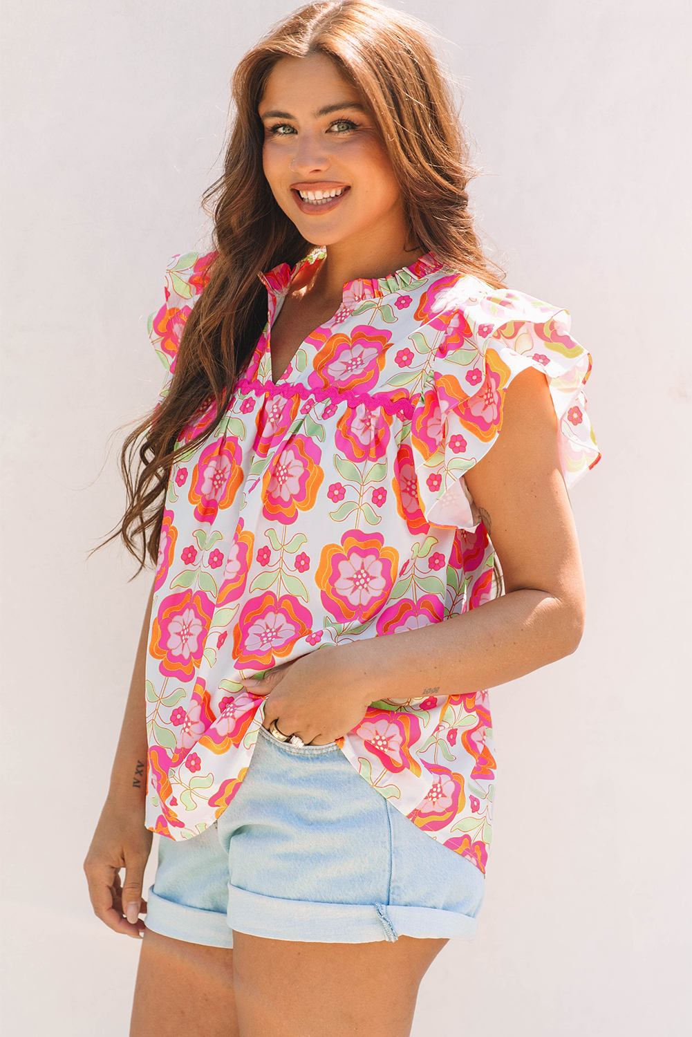 Rose Floral Ruffled Sleeve Ric-rac Trim Split Neck Loose Blouse - Image 3