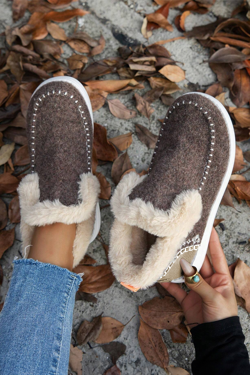 Coffee Suede Stitching Patchwork Plush Lined Anklet Boots - Image 3