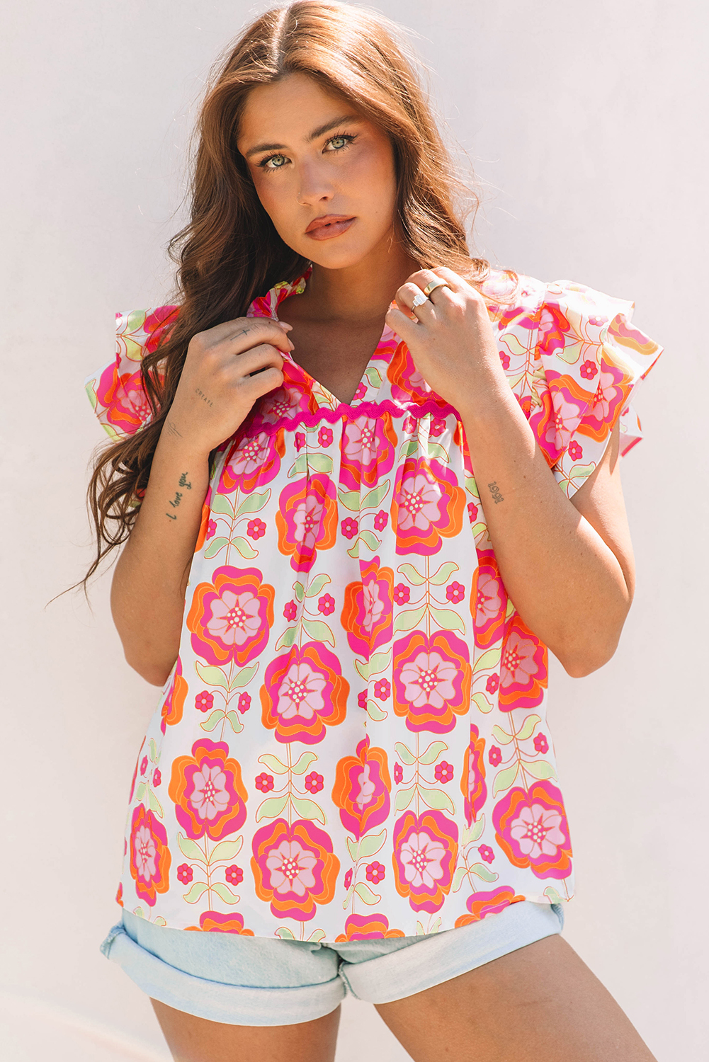 Rose Floral Ruffled Sleeve Ric-rac Trim Split Neck Loose Blouse - Image 5