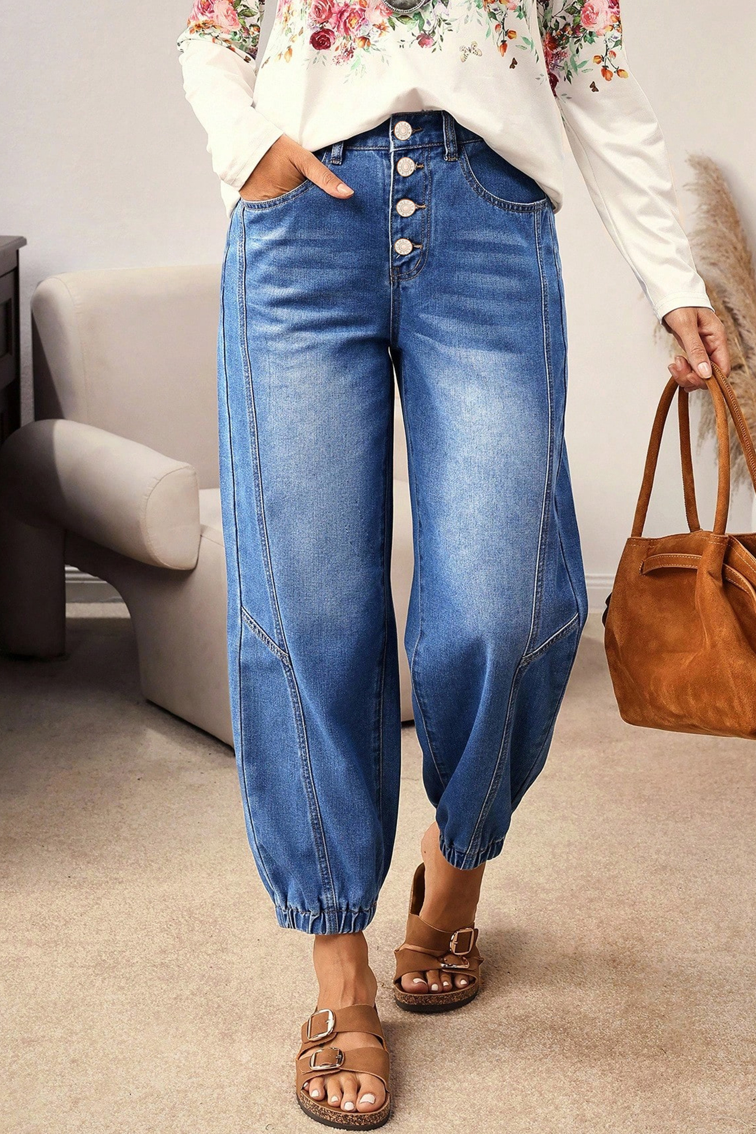 Blue 4 Buttons Front Tapered Casual Loose Fit Jeans - Image 7
