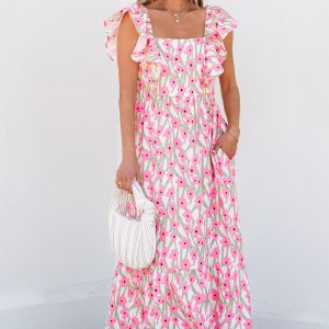 Pink Floral Print Square Neck Ruffled Strap Maxi Dress