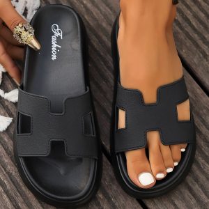 Black Cutout Design Open Toe Platform Slippers (Run Small, Size Up)