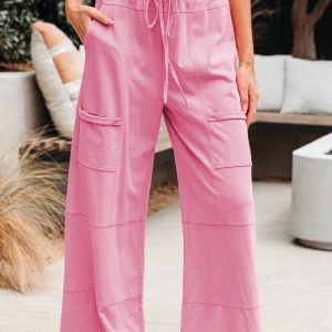 Bonbon Mineral Wash Exposed Seam Drawstring Elastic Waistband Wide Leg Cargo Pants
