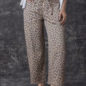 Khaki Leopard Printed Drawstring Elastic Waistband Pocketed Barrel Jeans