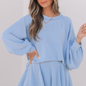 Sky Blue Corded Lantern Sleeve Top High Waist Ruffled Mini Skort Set