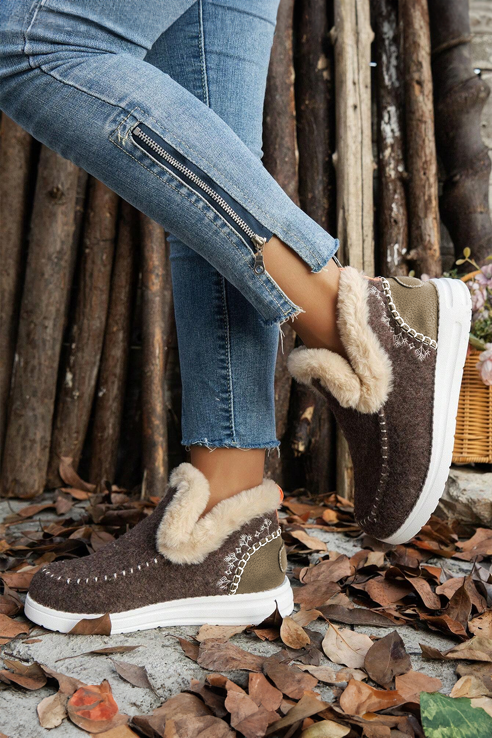 Coffee Suede Stitching Patchwork Plush Lined Anklet Boots - Image 2